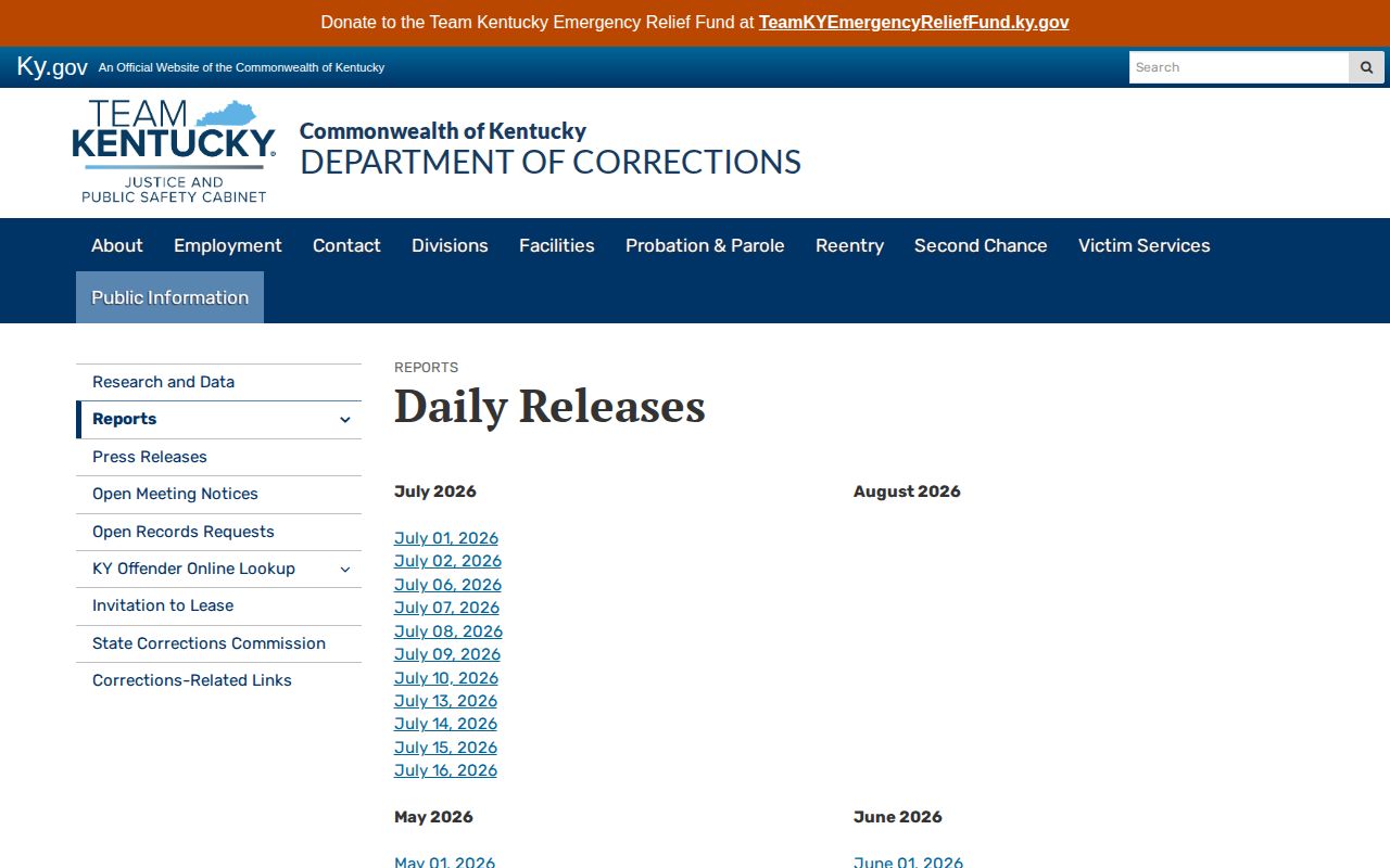 McCracken County released inmates Kentucky DOC Daily Releases archive