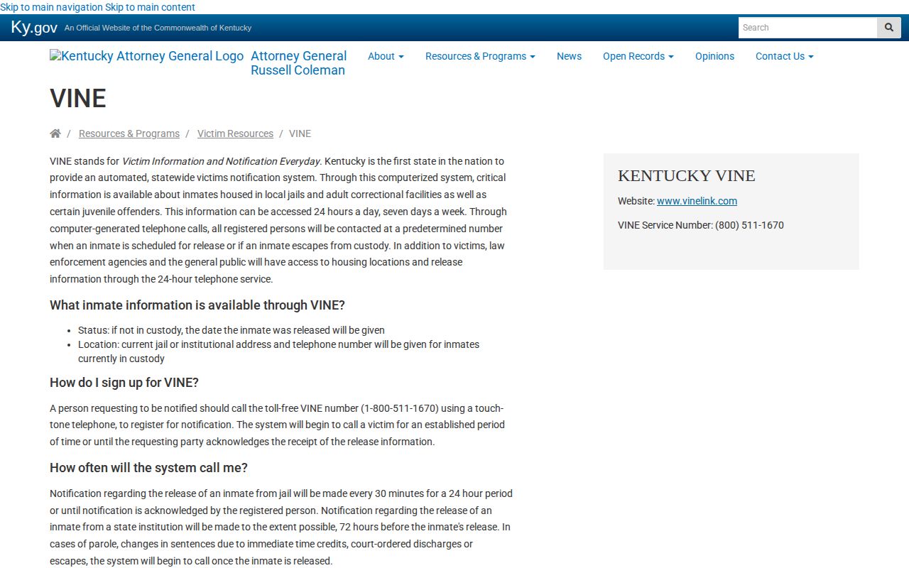 Kentucky VINE instructions for a McCracken County VINELink release check